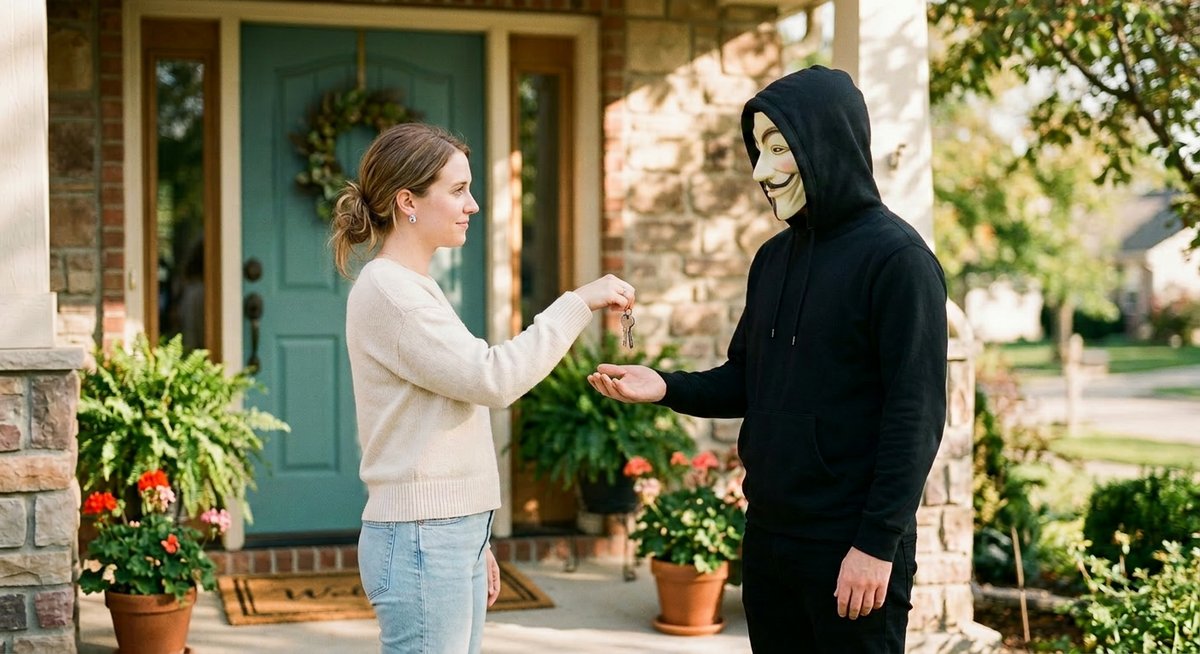 Woman handing house keys to masked person on porch